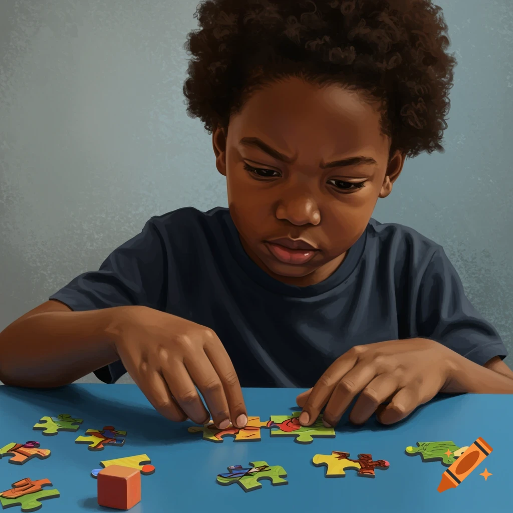 A young boy intensely focused on assembling a colorful puzzle on a blue table.