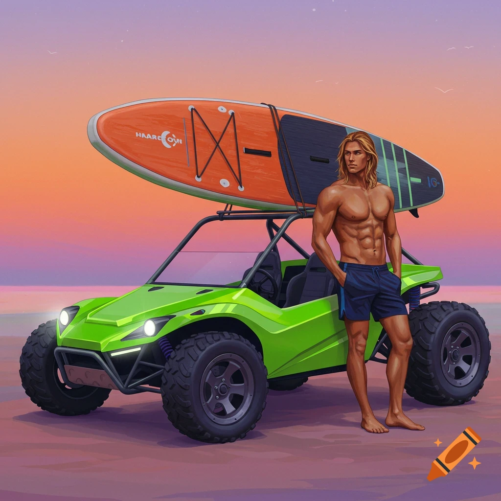 A shirtless man stands beside a neon green beach buggy with an orange paddleboard on a beach at sunset.