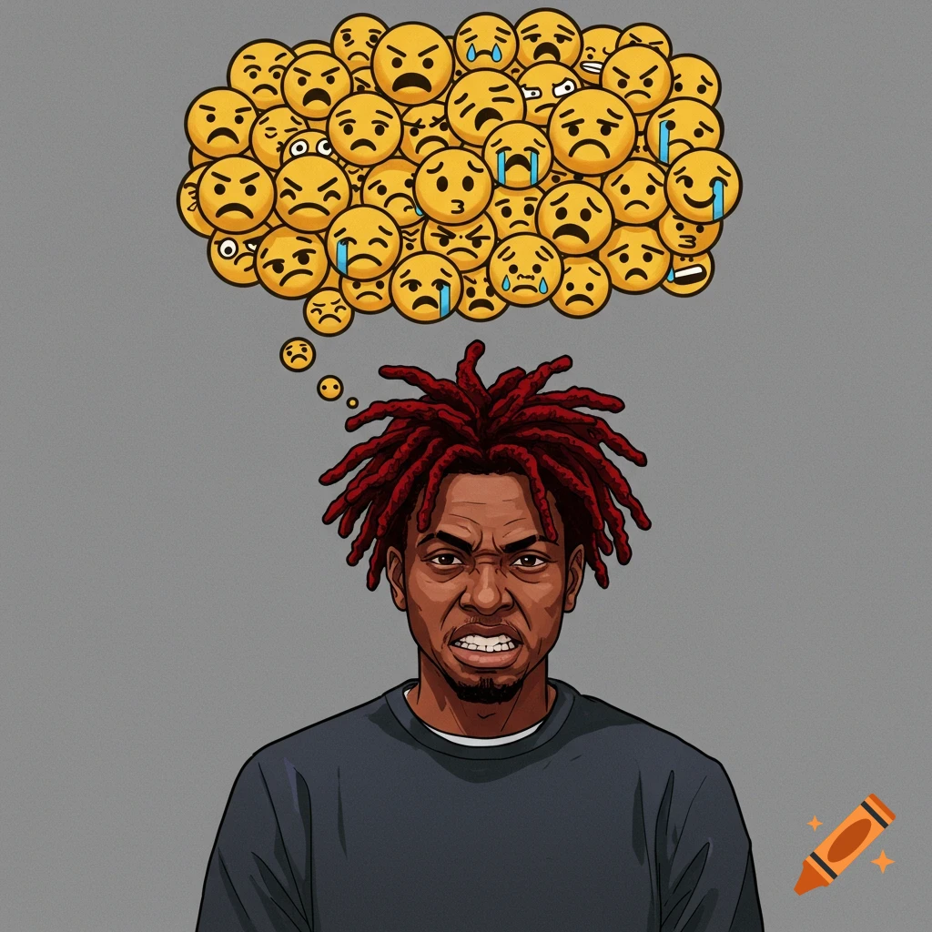 A cartoon illustration of a man with red dreads and a thought bubble filled with negative emojis.