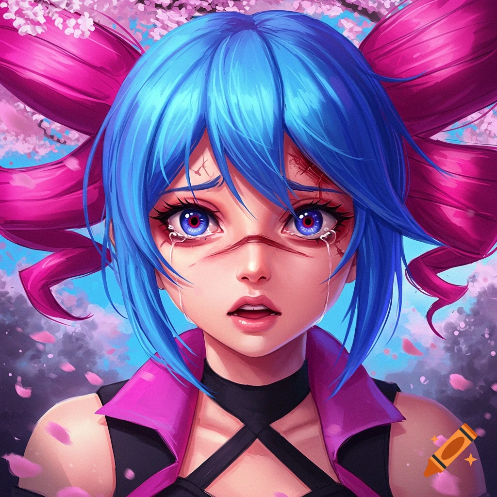 A crying anime character with blue hair and pink ribbons, showing facial injuries against a sky and cherry blossom background.