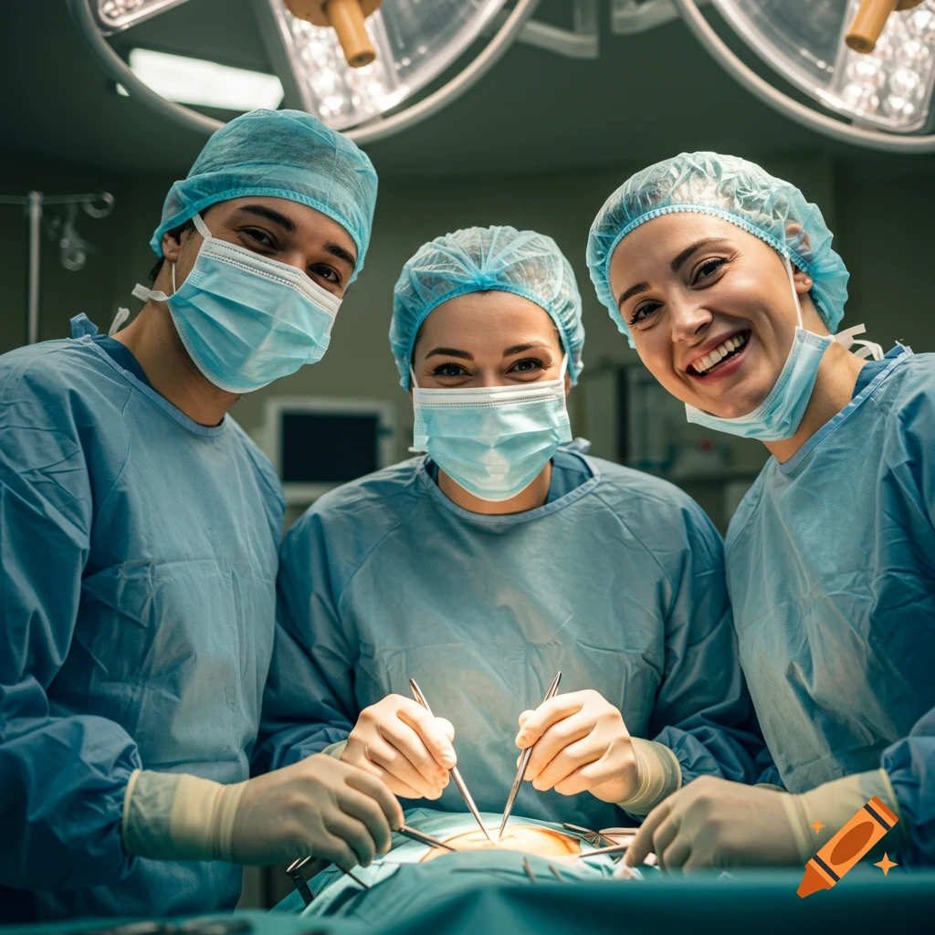 Three surgeons smiling in scrubs and masks while operating on a patient.