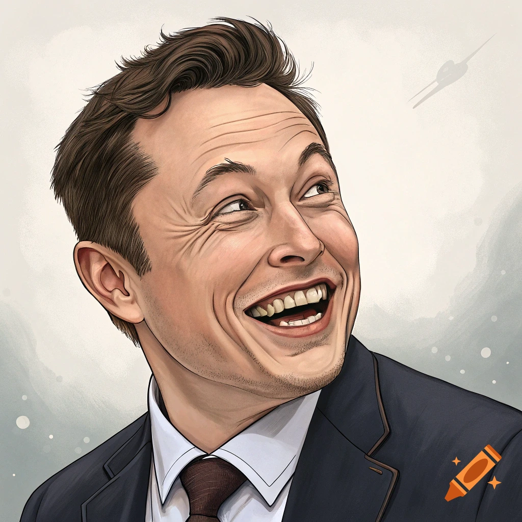 Cartoon caricature of Elon Musk laughing.