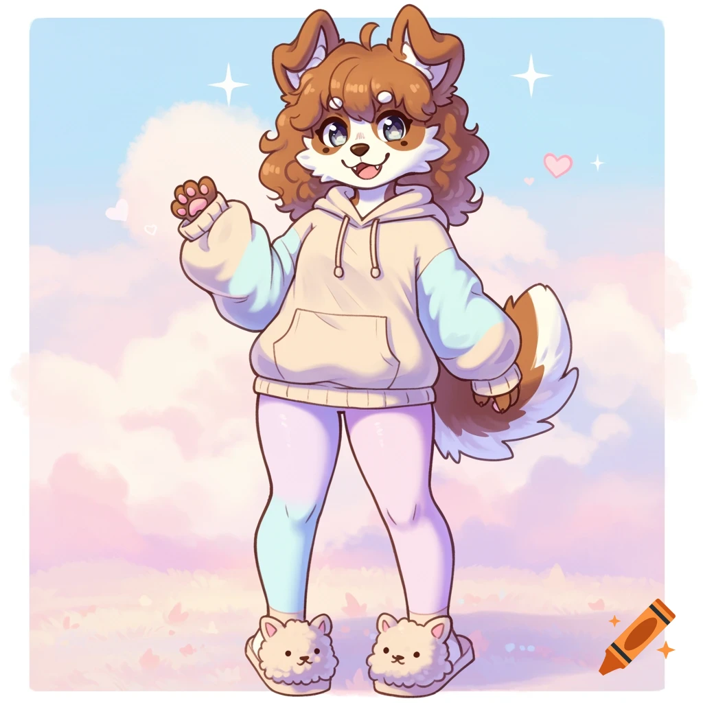 A cartoon furry character in a pastel hoodie and leggings stands on clouds, in a cute, stylized illustration.