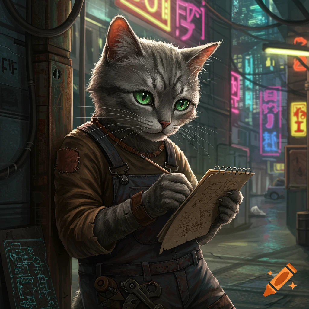 A gray cat character wearing overalls writes in a notepad on a cyberpunk city street.