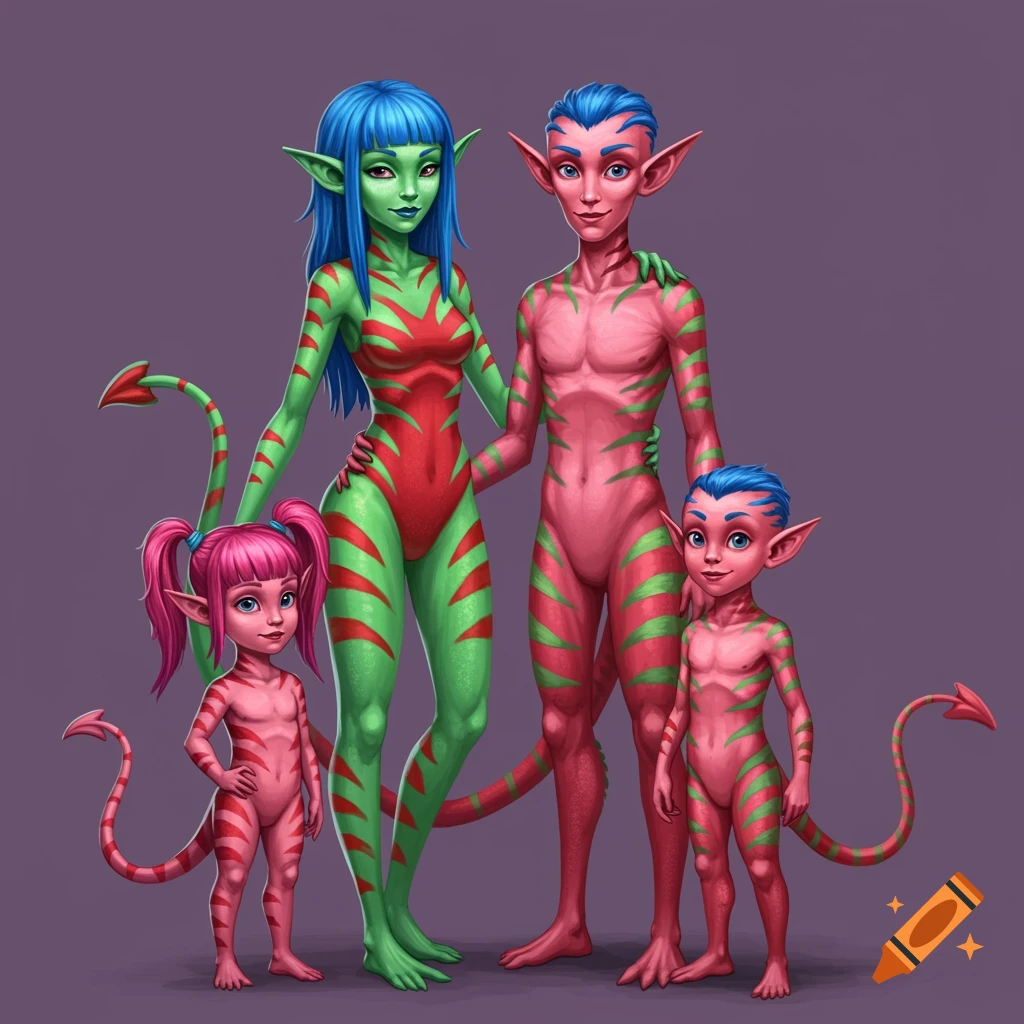 A family of four colorful aliens with striped bodies and tails.