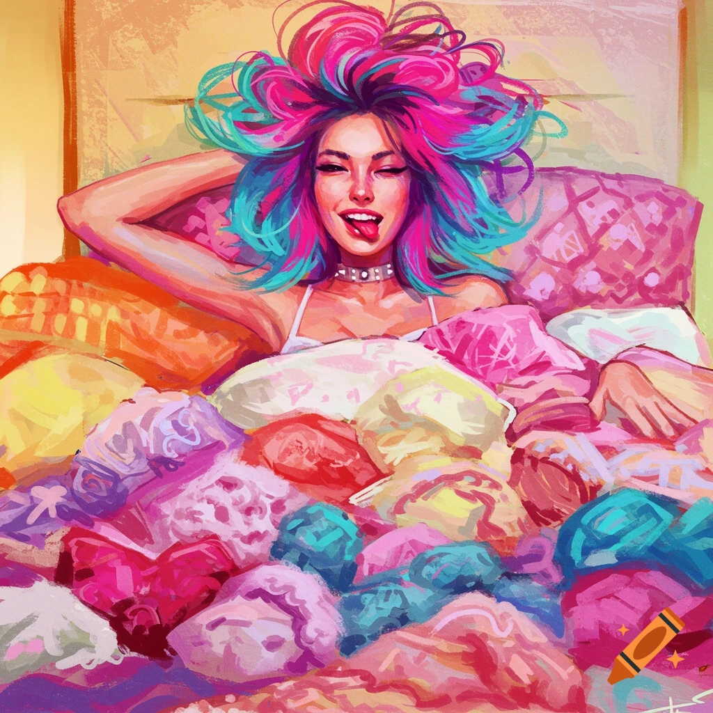 A woman with pink and blue hair winks on a bed filled with colorful pillows.