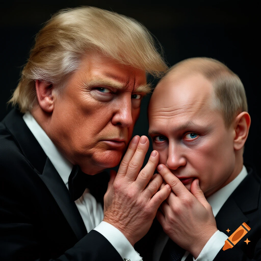 Photorealistic portrait of two men resembling Donald Trump and Vladimir Putin in suits, one whispering while both hold pinkies to lips.