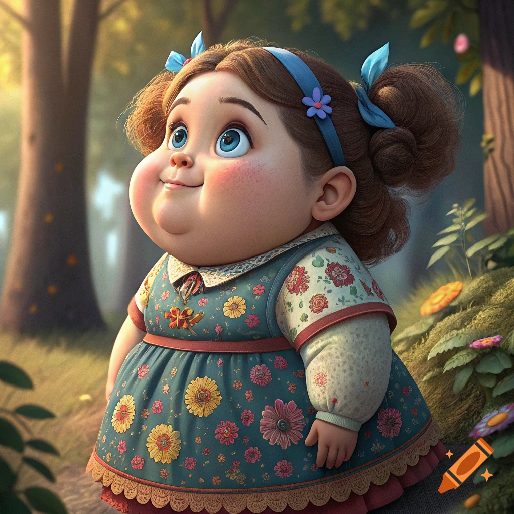 A cute, chubby cartoon girl in a floral dress stands in a sunny forest, looking up with wide blue eyes.