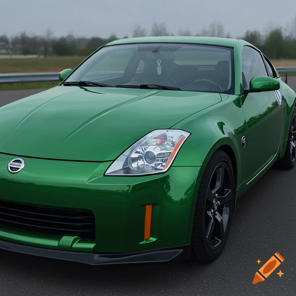Blue modified Nissan 350z sports car parked next to a grey trailer on ...