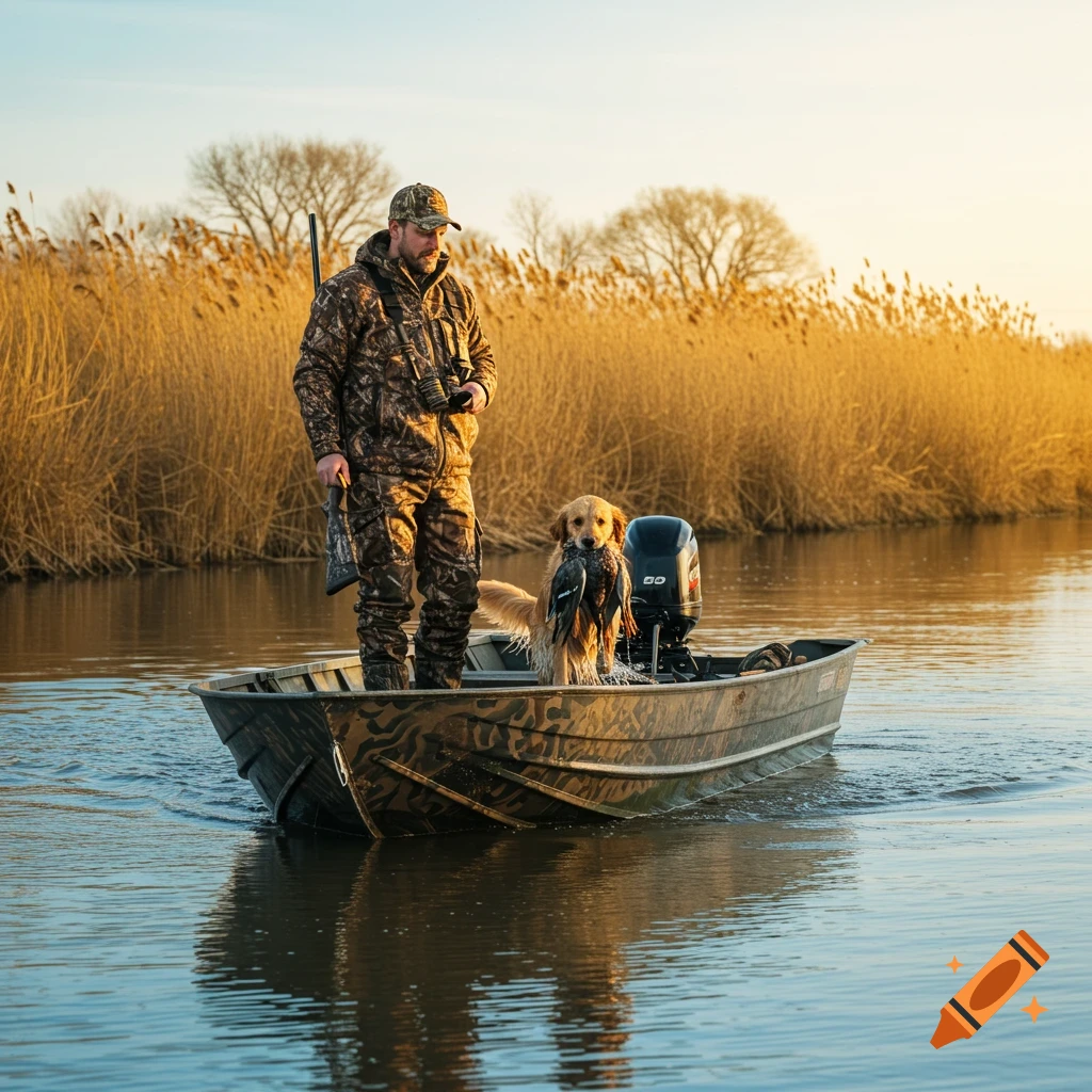 A hunter and his golden retriever holding a duck stand in a camouflage boat on a river near tall reeds.