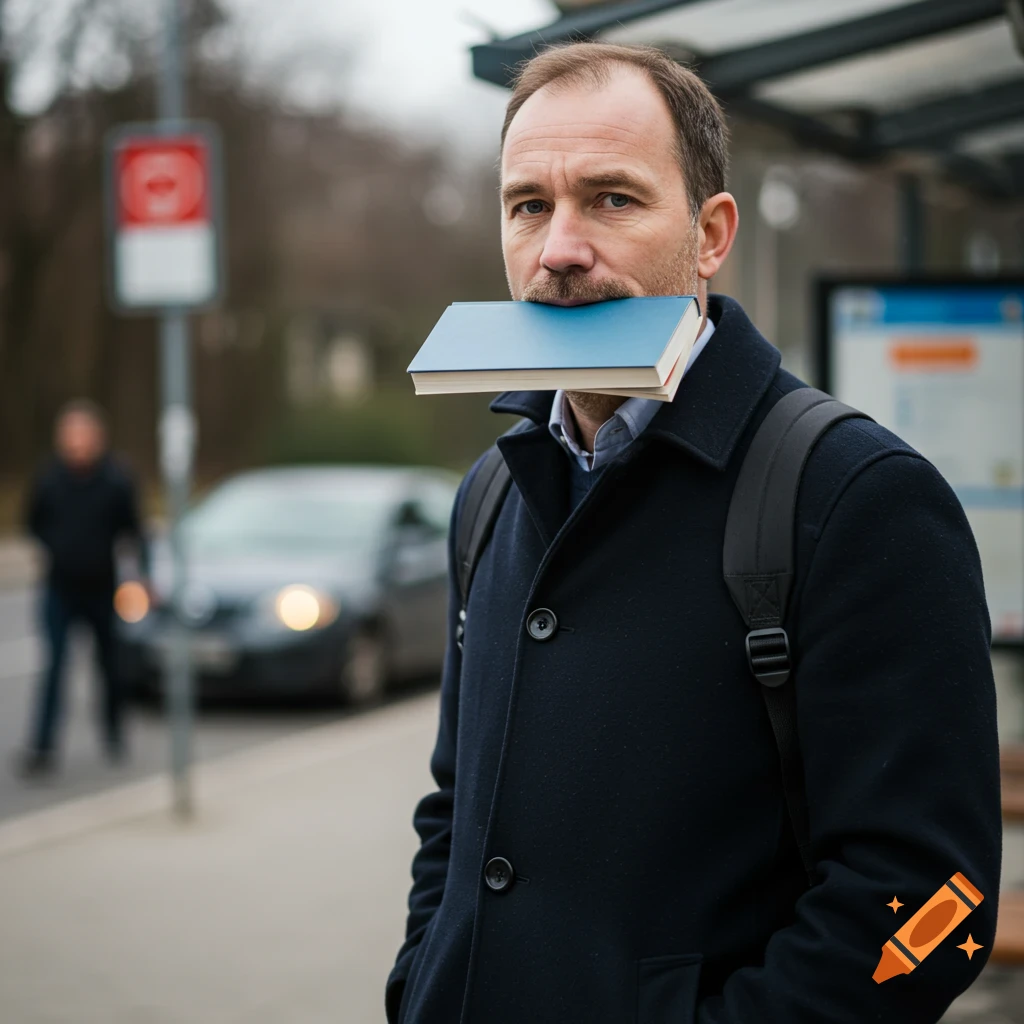 Man standing at bus stop with a blue book in his mouth.