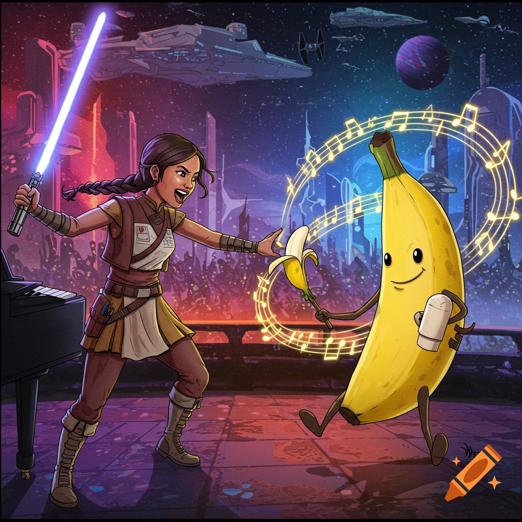 A cartoon-style illustration of a woman in a Star Wars-like outfit dueling a walking banana with a lightsaber and piano in a space city.