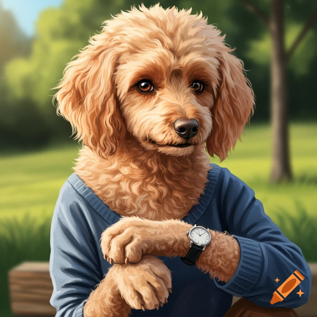 A poodle mix dog in a blue sweater and watch sits in a sunny park. Digital art.