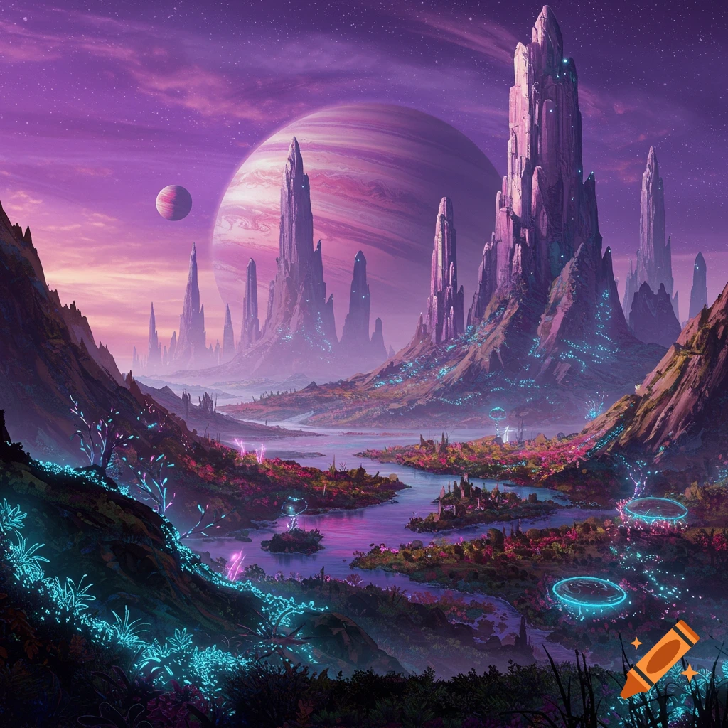 A vibrant purple alien landscape with spires, glowing plants, a river, and planets.