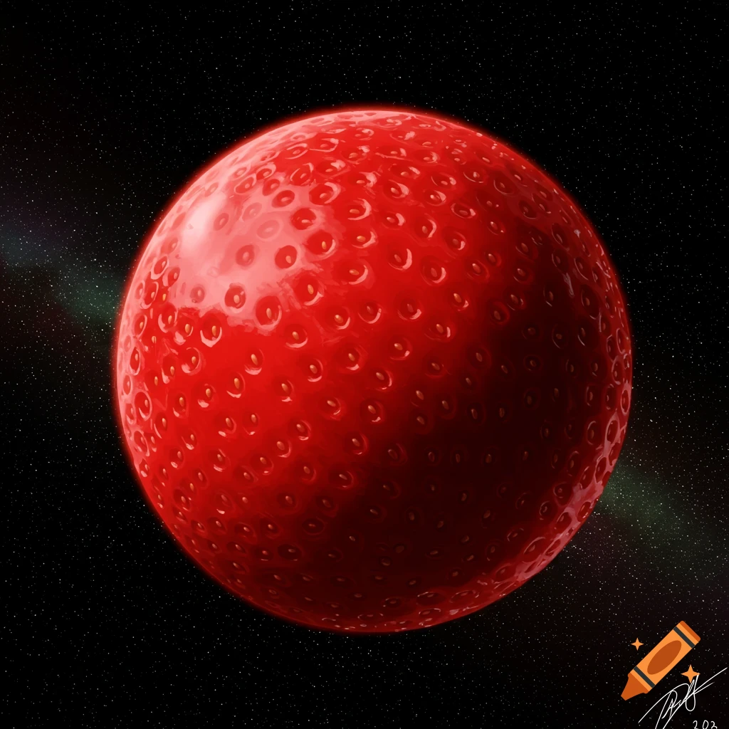 A planet resembling a giant red strawberry floats in space among stars.