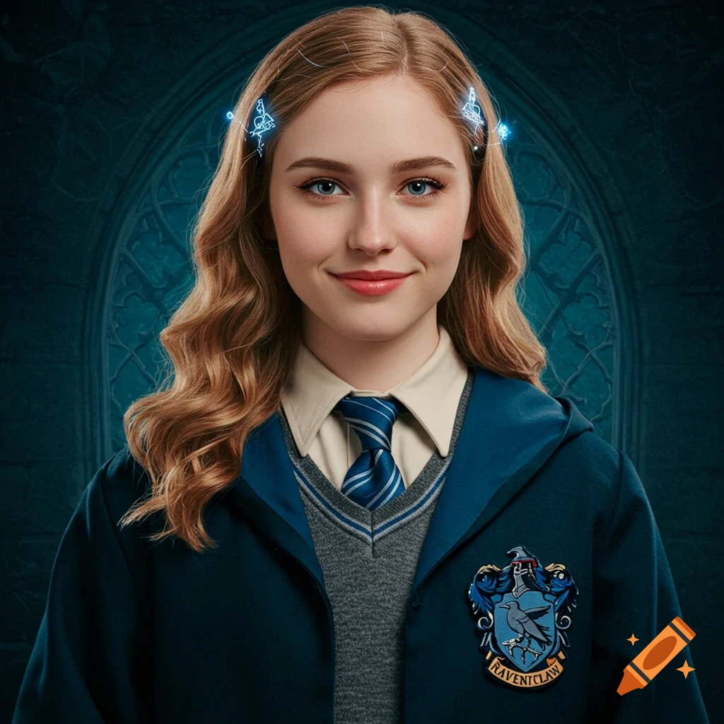 Portrait of a young woman smiling in a Ravenclaw uniform with glowing butterflies in her hair.