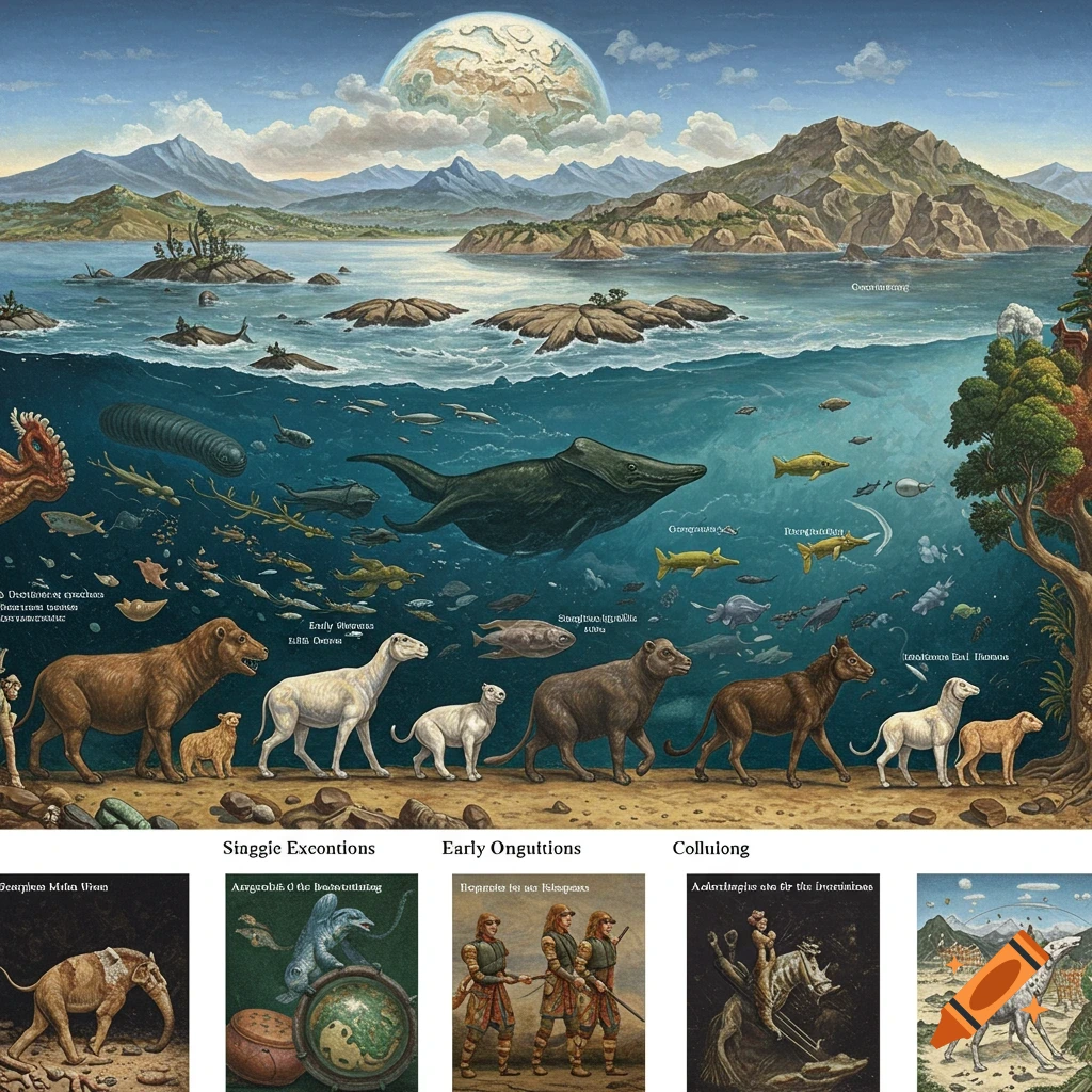 Panoramic painting depicting Earth's evolution with land animals, sea creatures, and landscape.