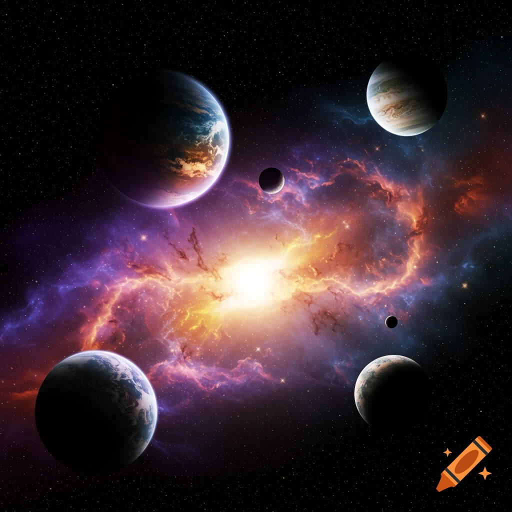 Planets and moons in deep space with a bright, colorful nebula.