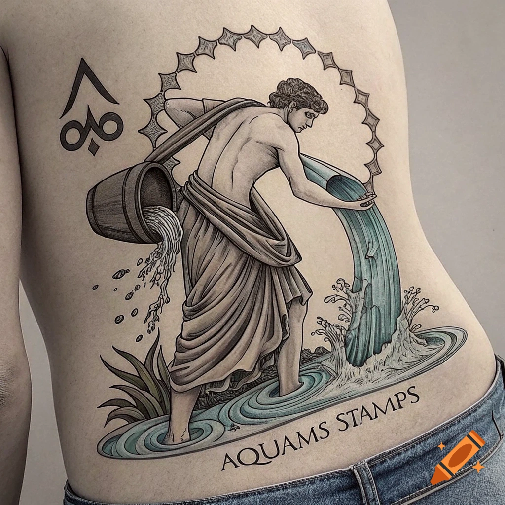 Aquarius figure tattoo on lower back in graphic style