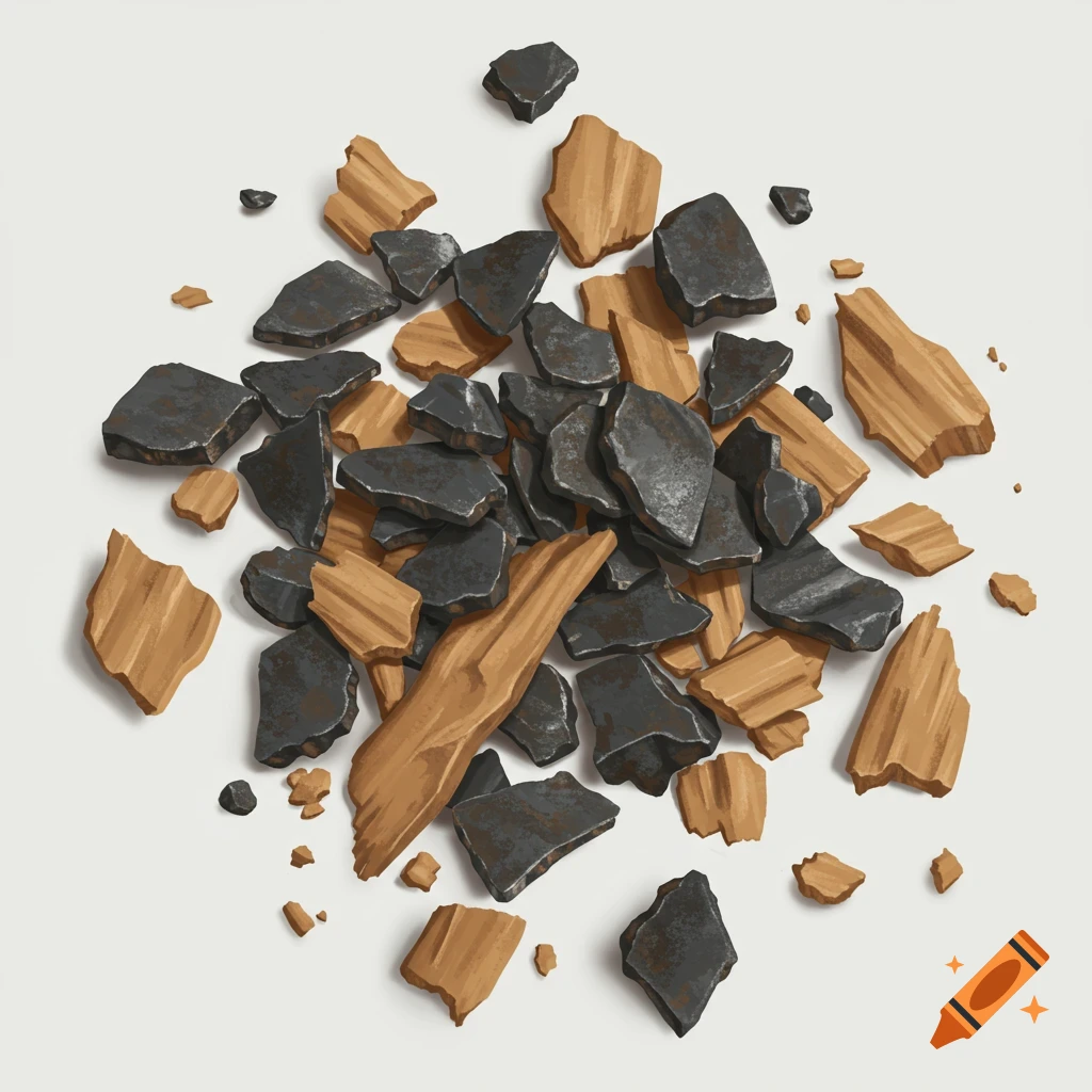 A pile of iron chunks and wood chips rests on a white surface.