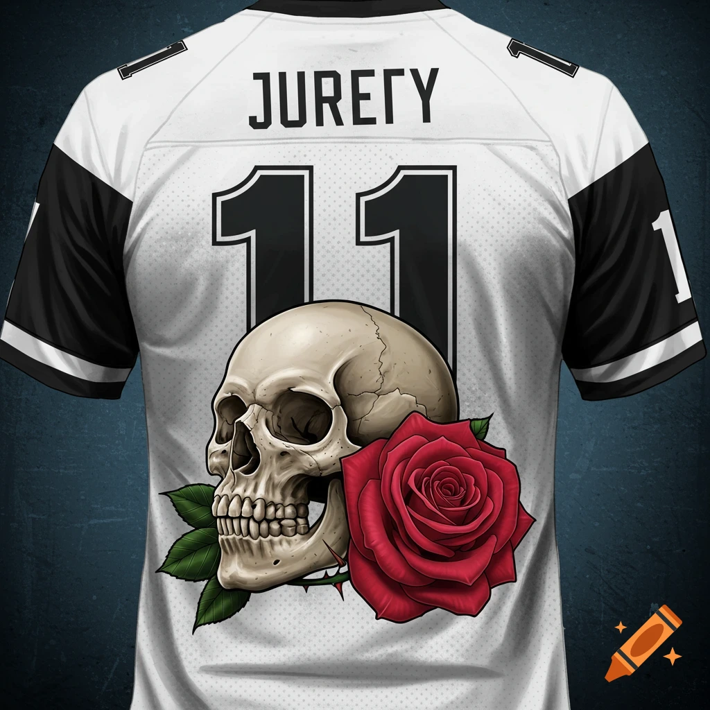 A sports jersey with a skull and red rose and the number 11 on the back
