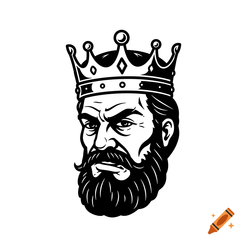 Black and white vector illustration of a stern king's head with a crown.
