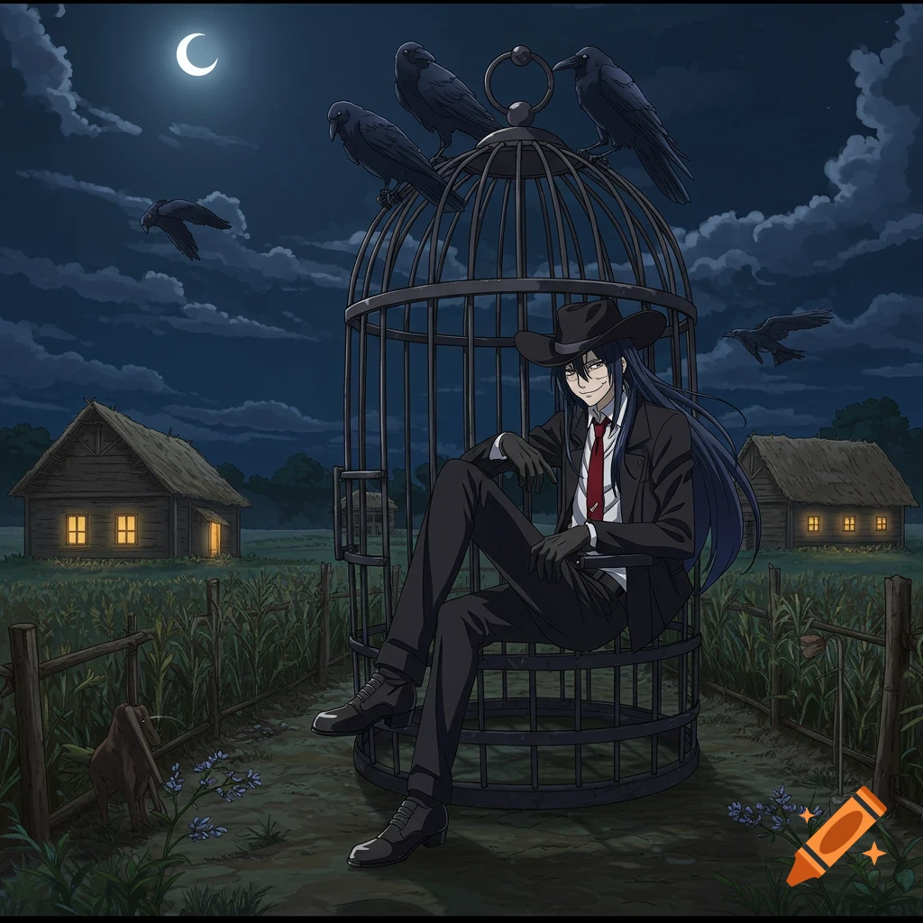 A man in a suit and cowboy hat sits inside a large bird cage at night, surrounded by ravens, houses, and fields, anime art style.