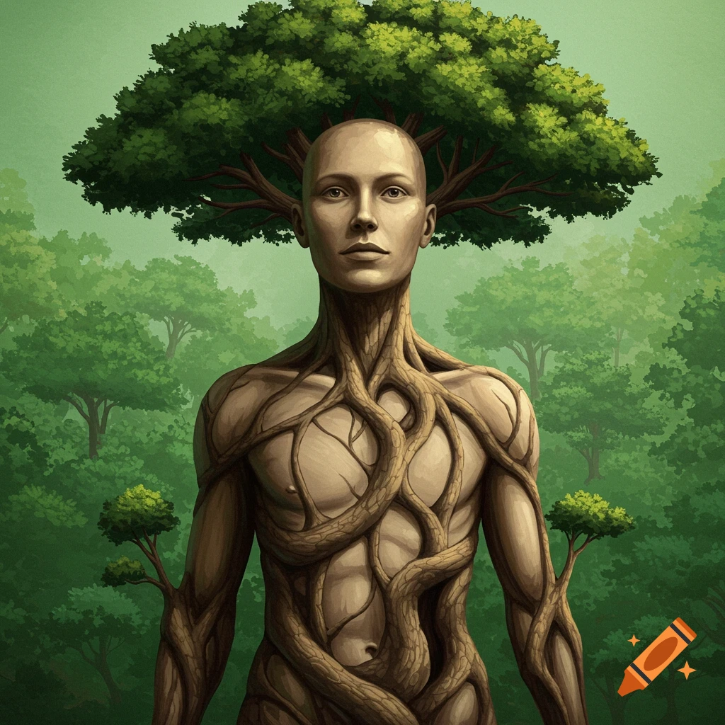 Surreal image of a figure made of human torso and tree roots, with a tree growing from its head, standing in a forest.