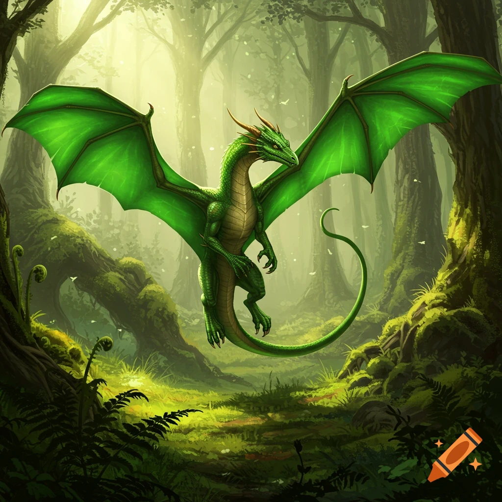 A green dragon hovers in a misty forest clearing.