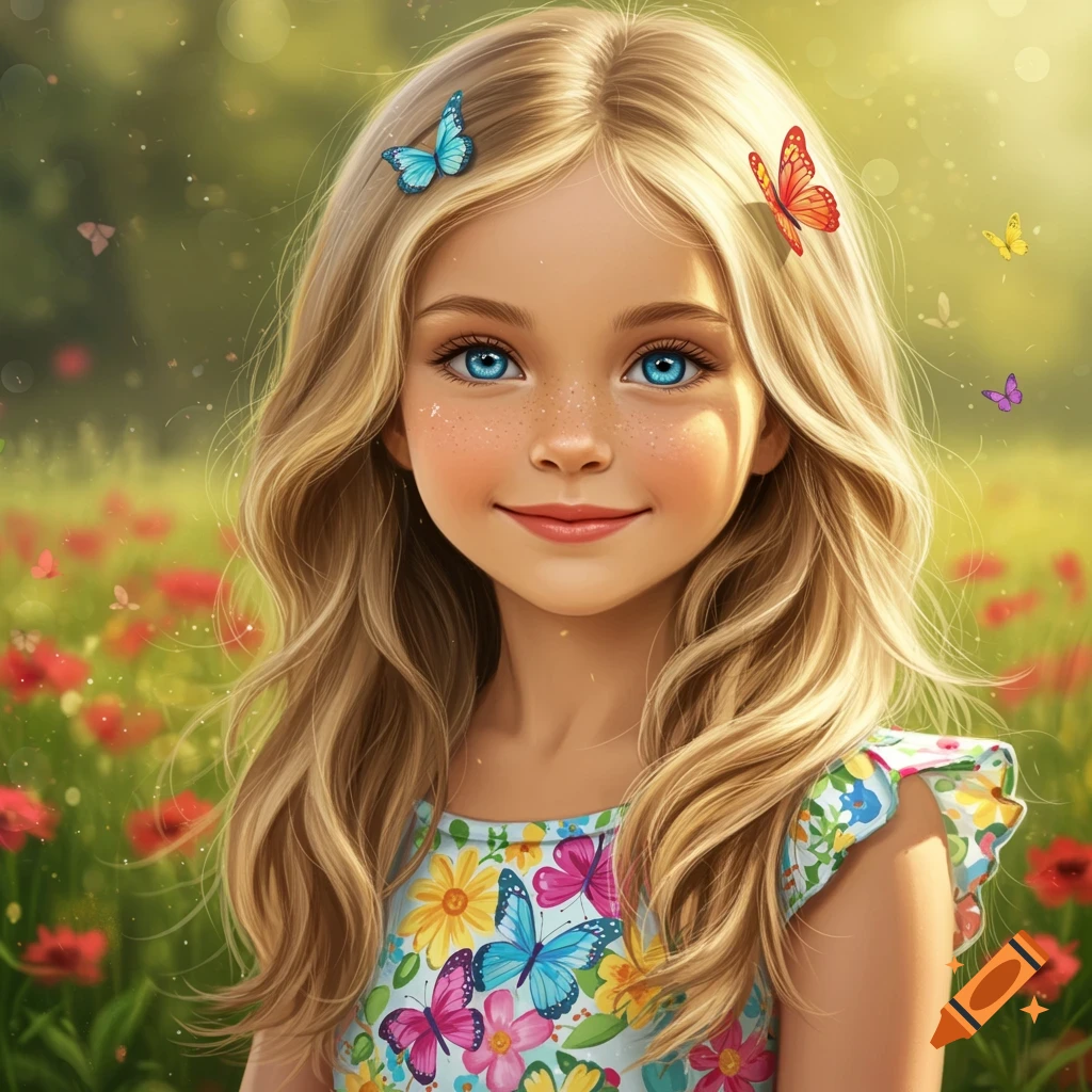 A young girl smiles in a meadow with butterflies and flowers.
