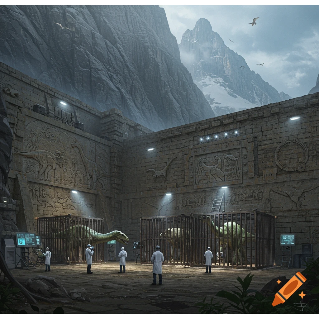 Scientists observe dinosaurs in cages within a massive stone facility surrounded by mountains.