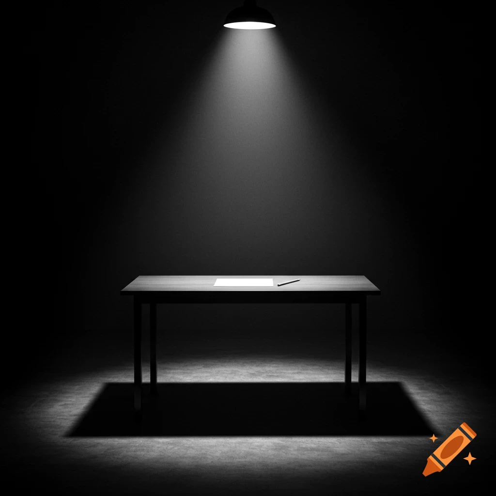 An empty desk with paper and pencil sits under a spotlight in a dark room, rendered in black and white.