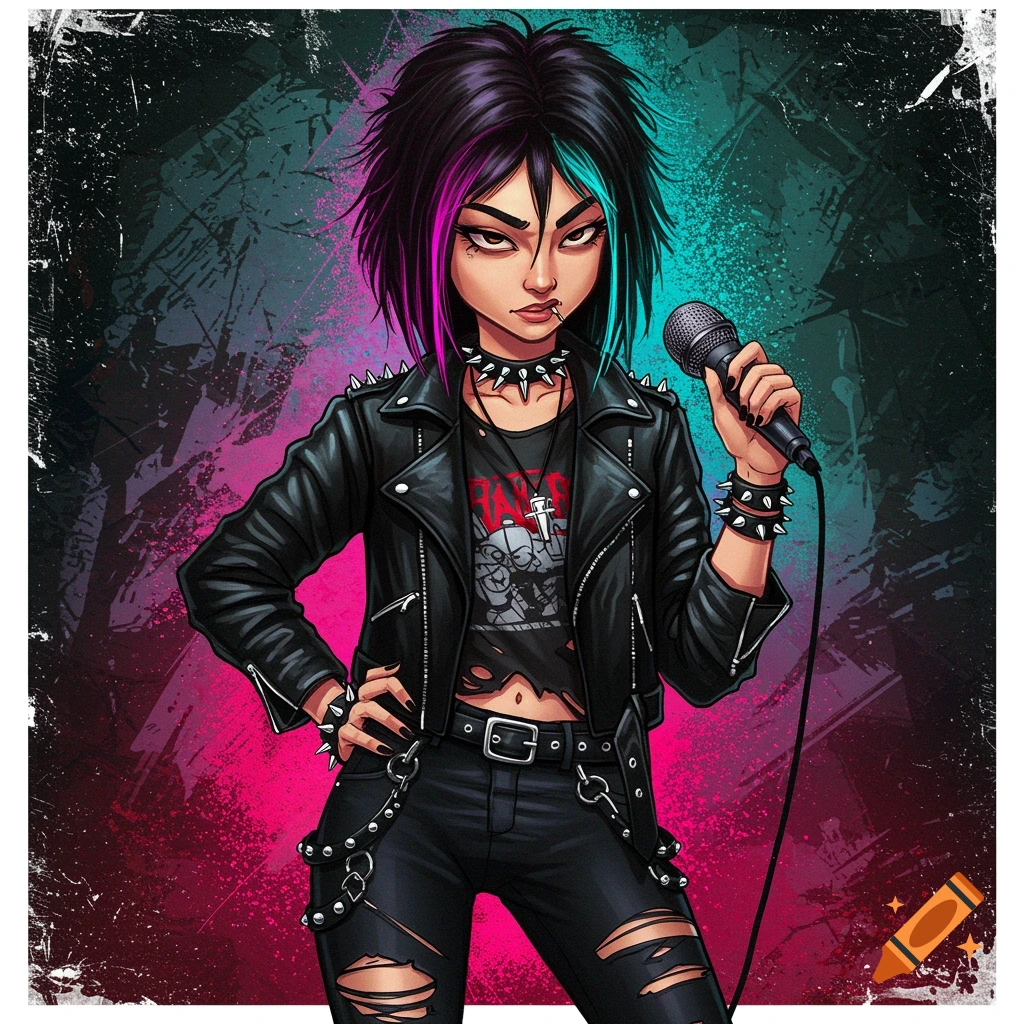 A punk teenage girl with colored hair streaks wears a leather jacket and ripped jeans, holding a microphone against a grunge background.