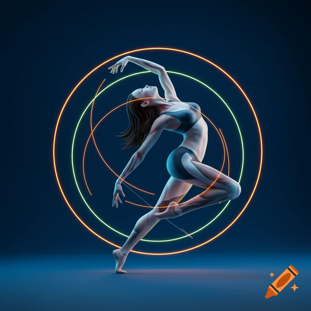 A dynamic 3D render of a dancer with visible anatomy, surrounded by glowing orange and green rings.