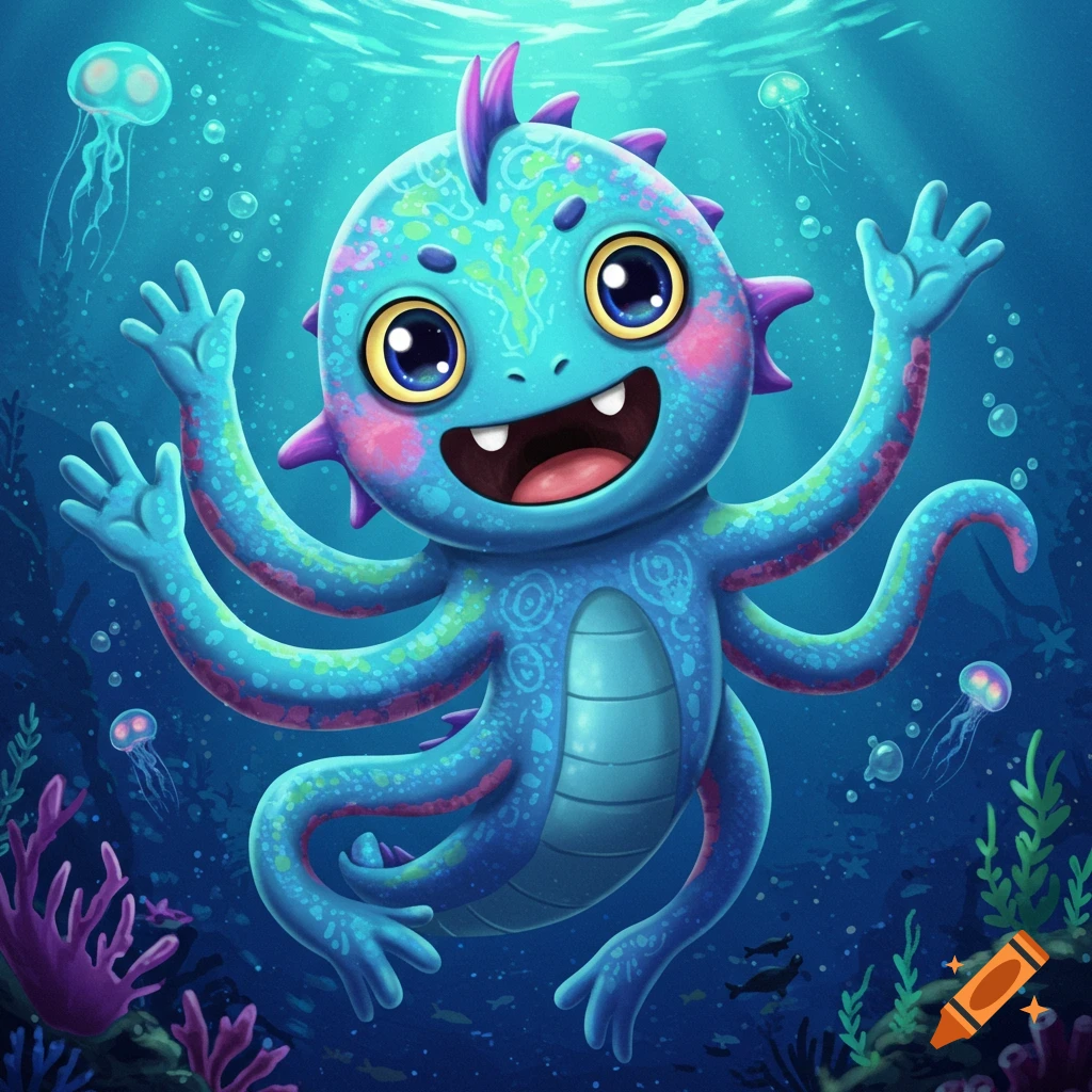 Cute blue sea monster with tentacles swimming underwater with jellyfish.