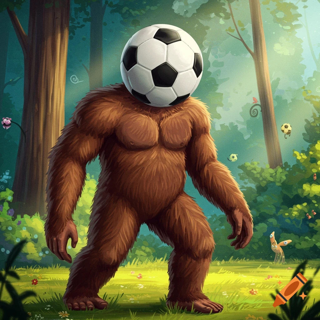 A Sasquatch with a soccer ball for a head stands in a sunny forest.