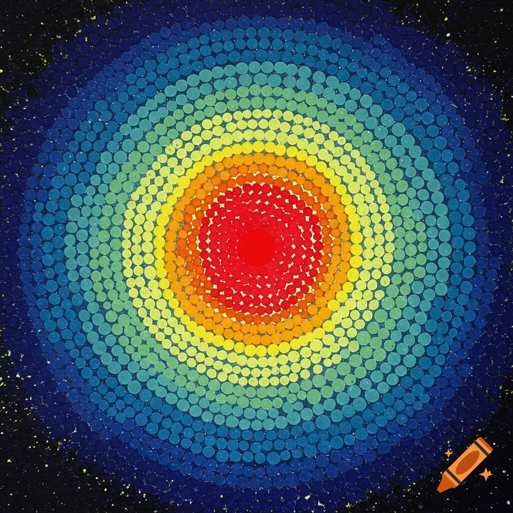 Abstract with concentric circles of colored dots, red in the center transitioning to yellow, green, blue, and black.