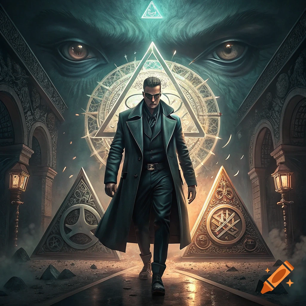 A man in a long coat walks towards the viewer, surrounded by mystical symbols and a large shadowy face.