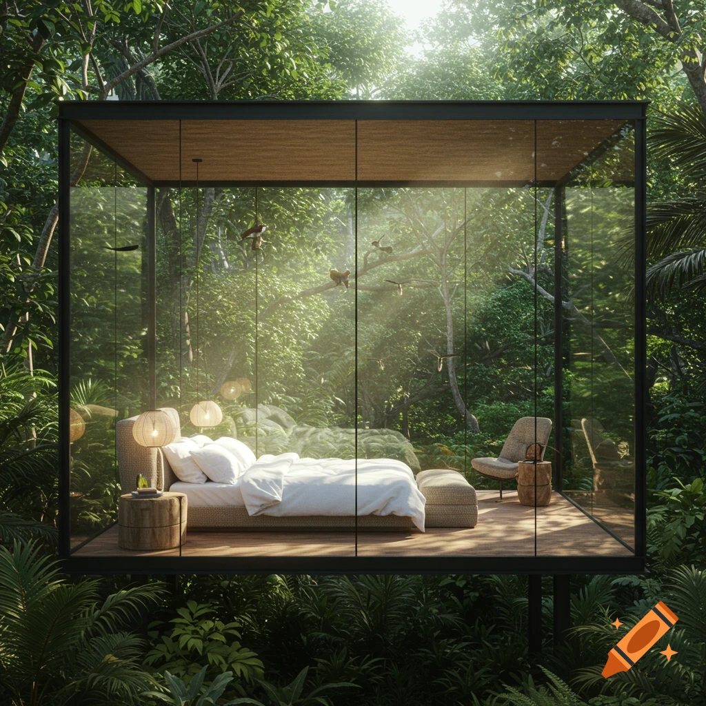 A modern glass-walled bedroom suite is situated high in a dense, sunlit jungle canopy.