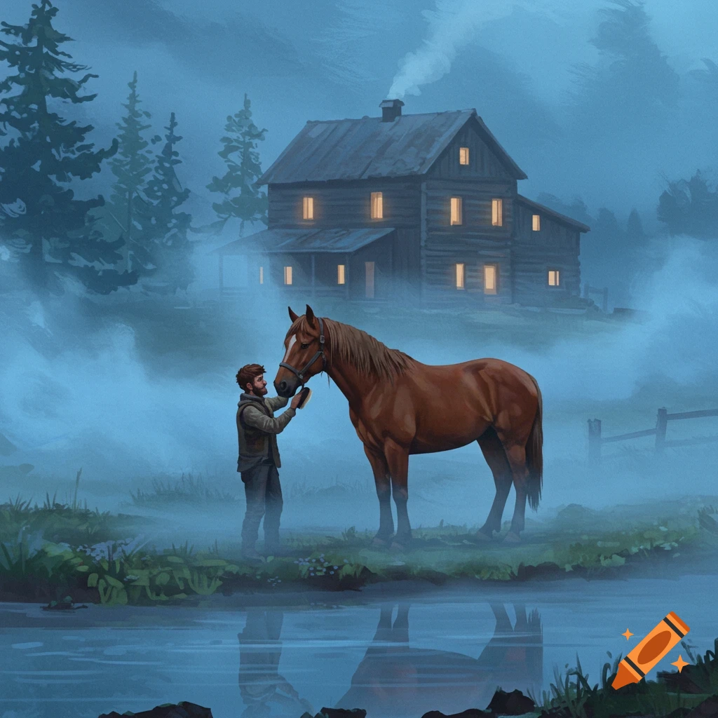 A man brushes a horse in a misty rural landscape with a house and river.