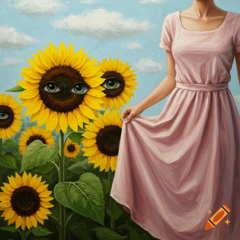 Painting of a woman in a pink dress standing next to sunflowers with eyes, under a cloudy sky.