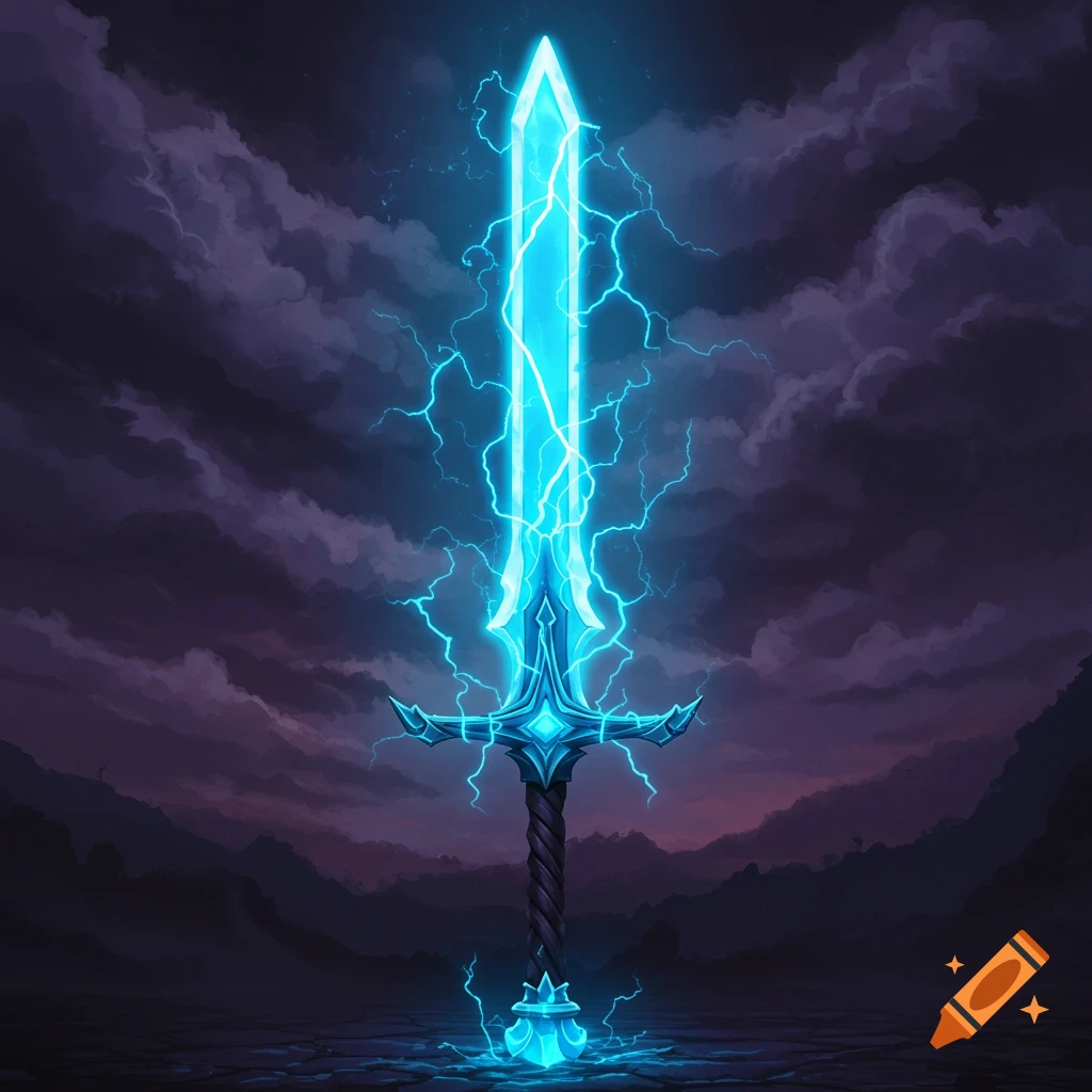 A glowing blue sword crackling with electricity in a dark fantasy landscape.