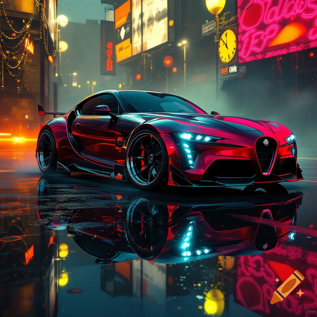 A detailed red sports car is parked on a wet city street at night, reflecting neon signs.