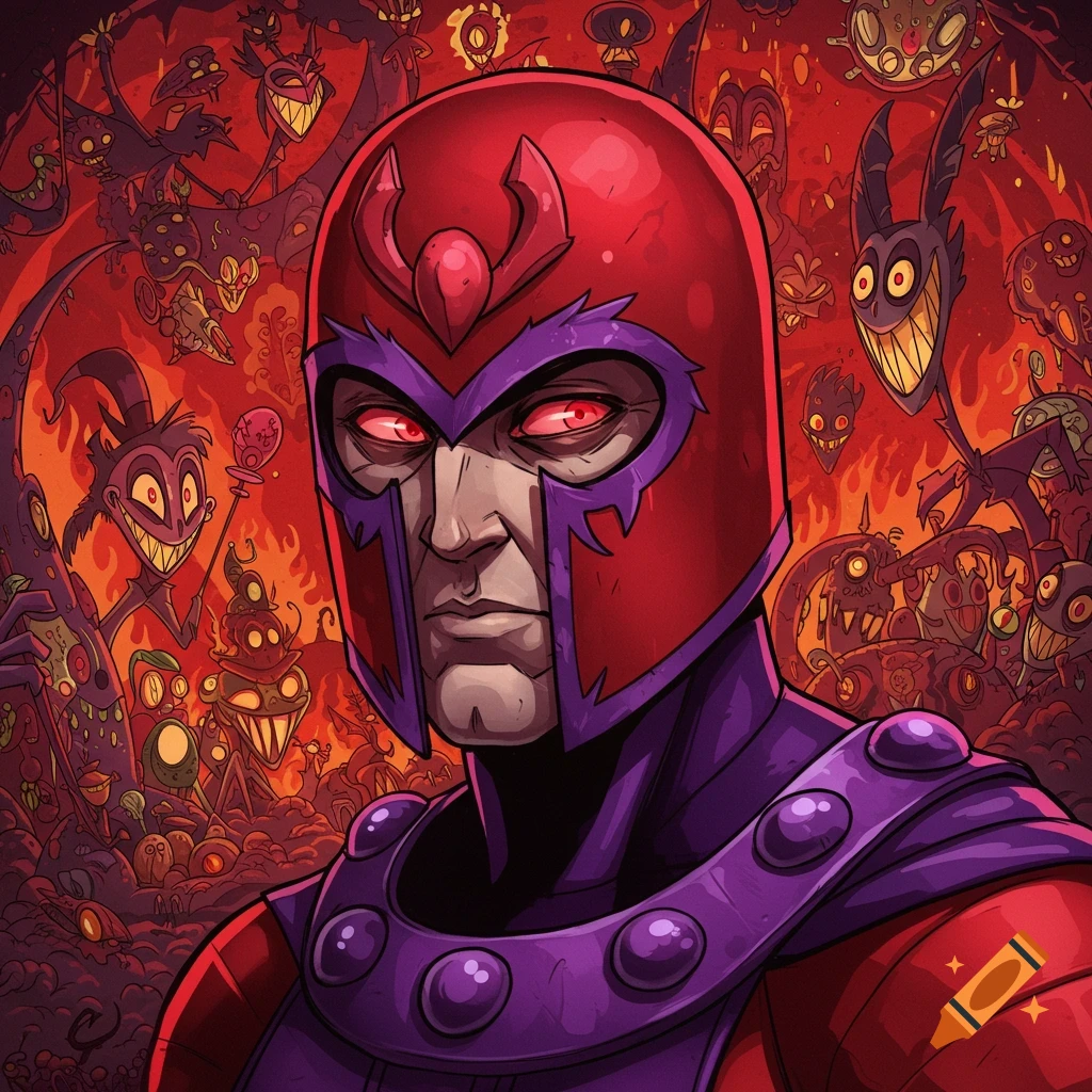 Magneto in a Hazbin Hotel style, with red eyes and red/purple costume, against a background of cartoon demons.