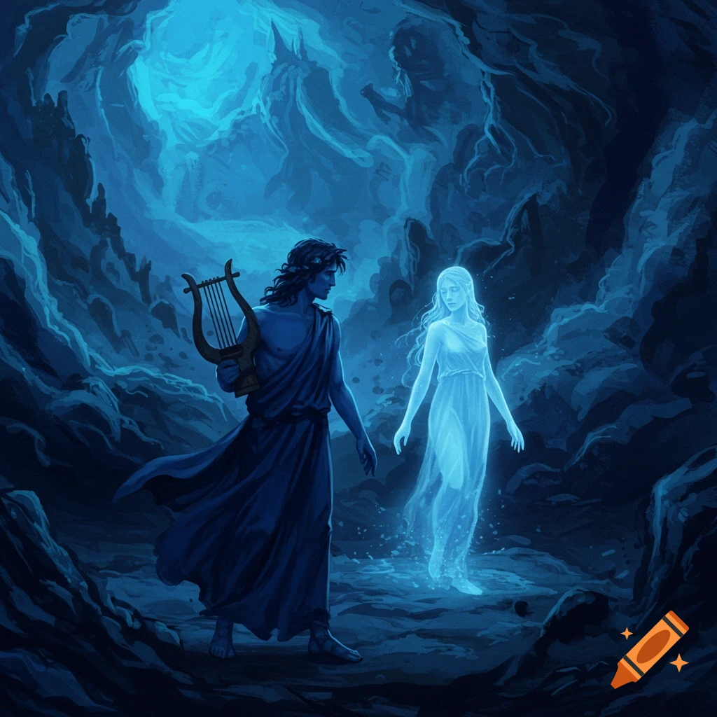 Orpheus holds a lyre, looking back at ethereal Eurydice in a dark blue cave.