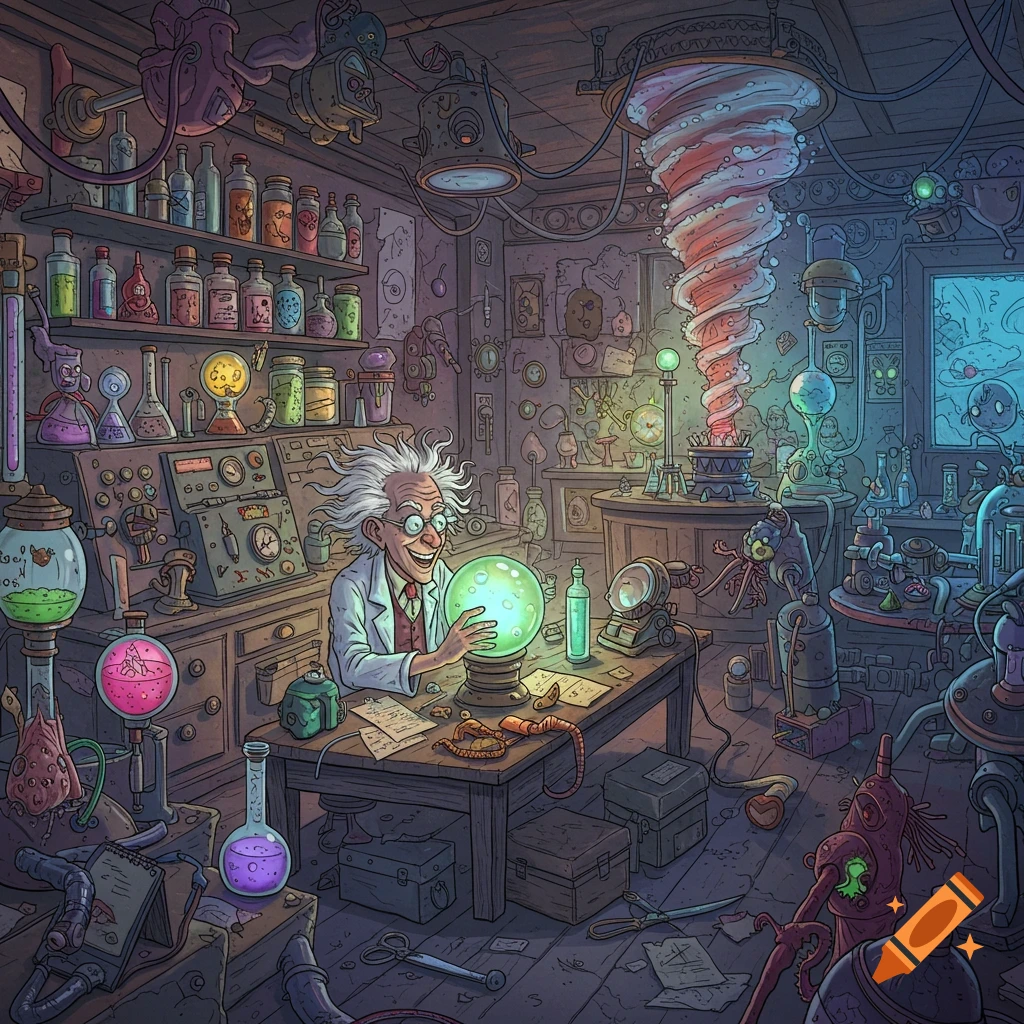 A mad scientist in a cluttered laboratory with glowing experiments