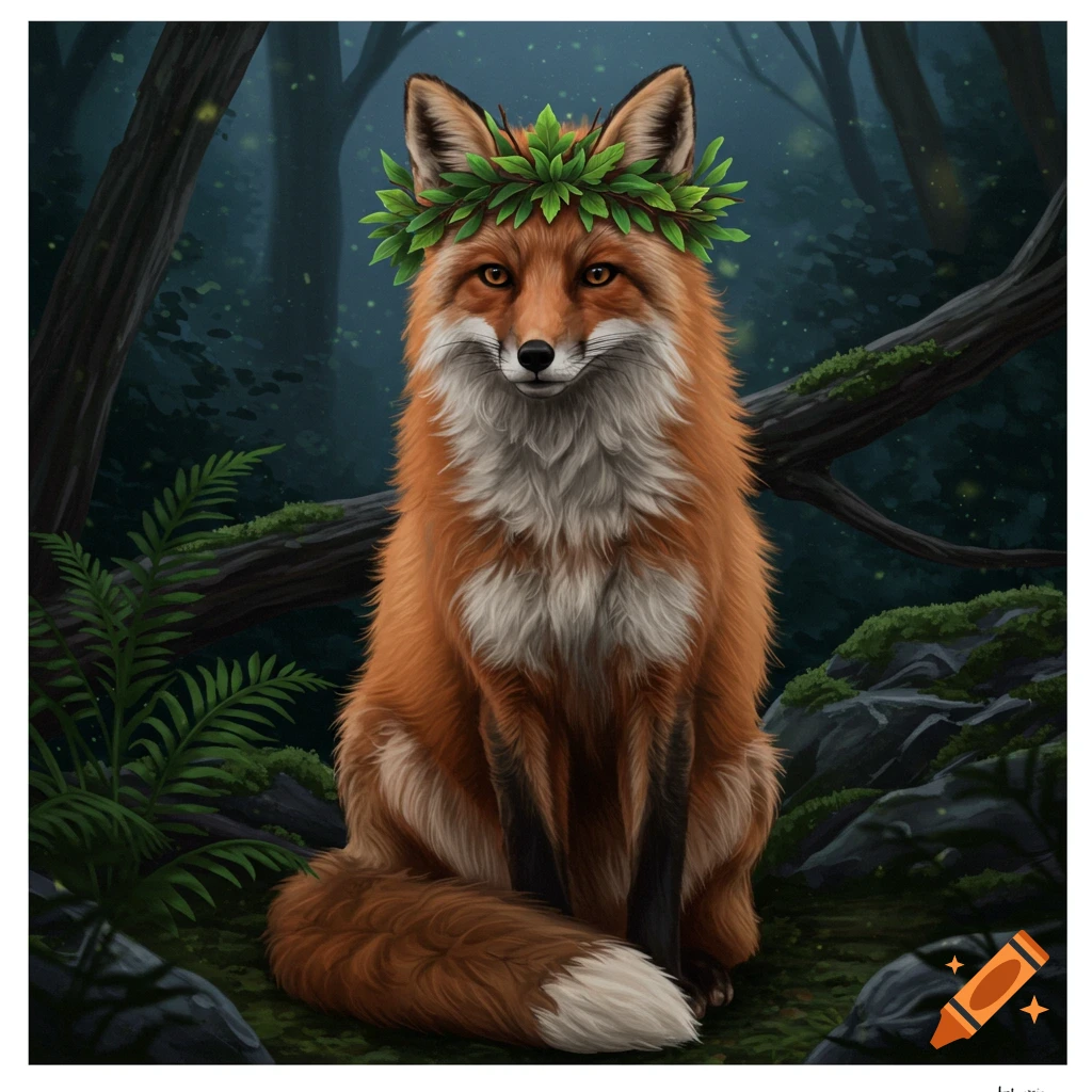 A red fox wearing a crown of leaves sits in a moonlit forest.