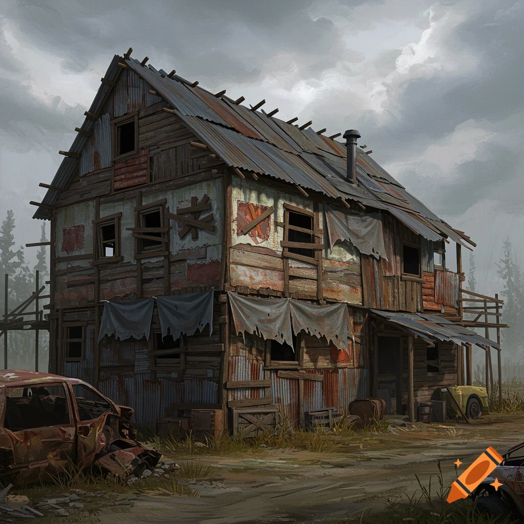 A dilapidated house and abandoned cars sit in a post-apocalyptic landscape under a stormy sky.