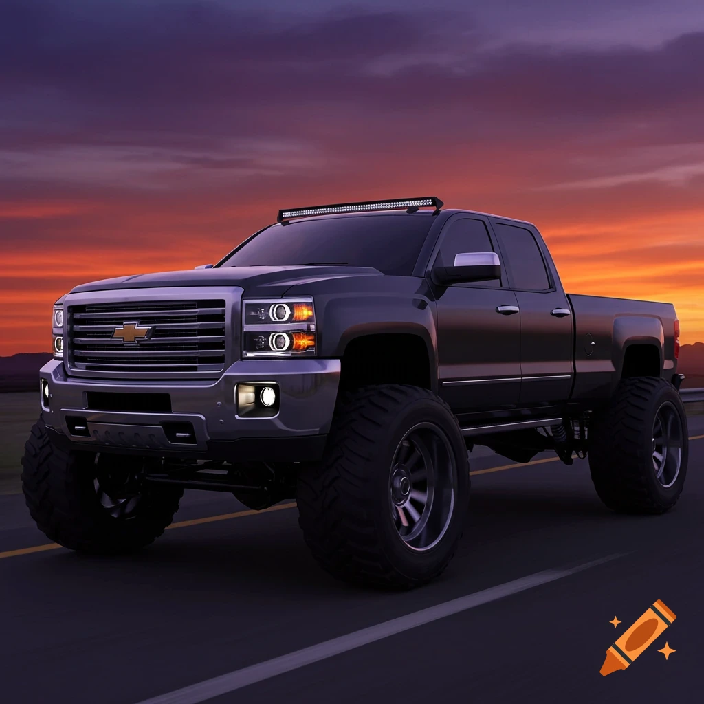 A lifted dark gray pickup truck driving on a road at sunset.