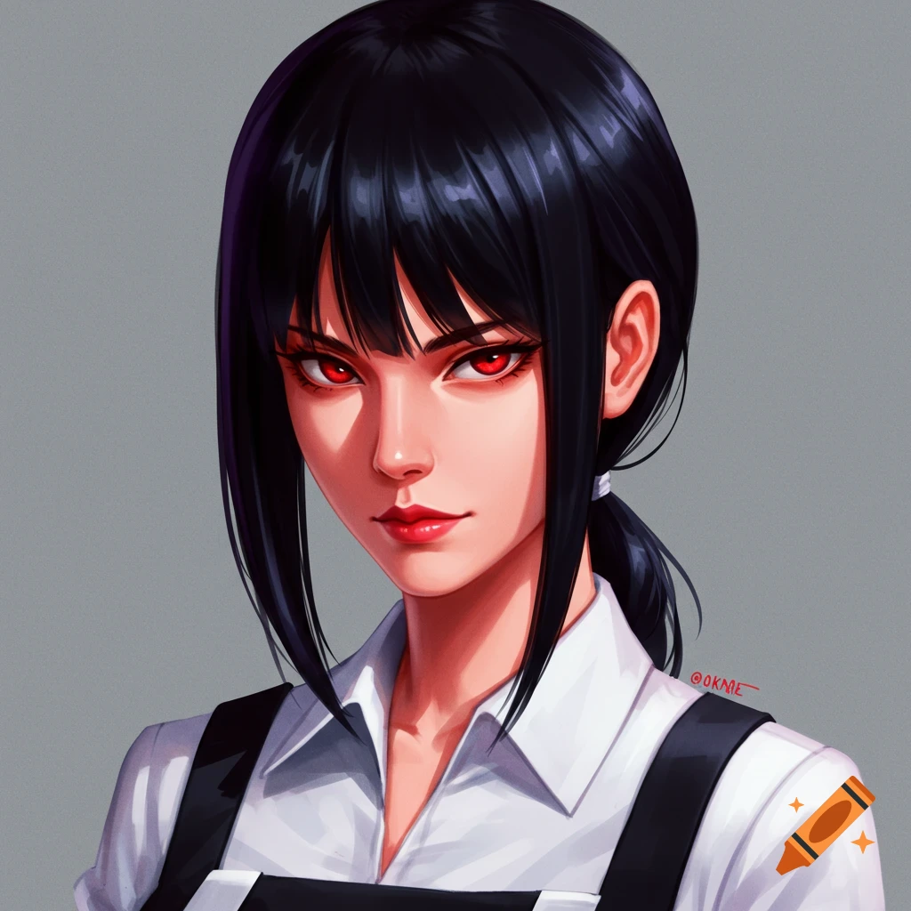 Portrait of an anime woman with black hair and red eyes